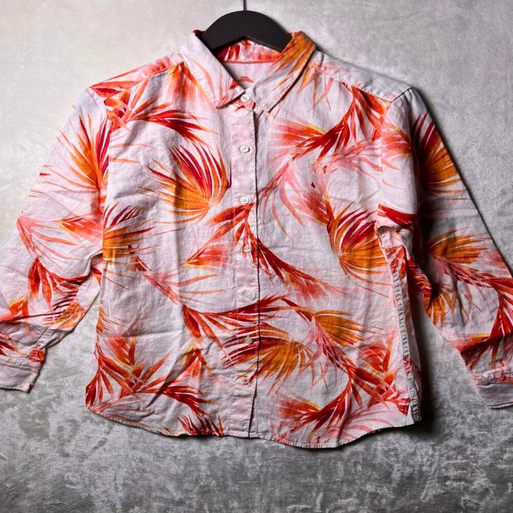 Tommy Bahama Linen Button Up Shirt Women's M Bold Pink Orange Flora Drape Hawaii